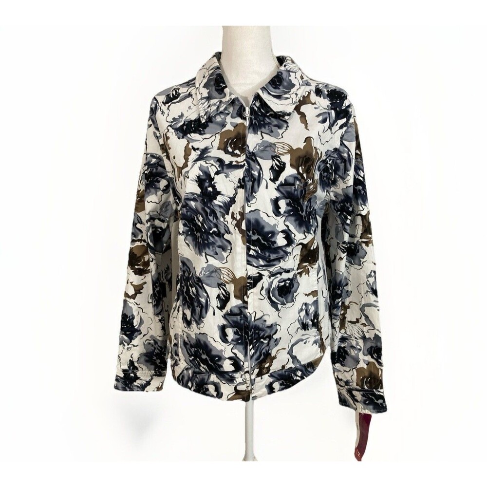 Cathy Daniels Jacket Womens L White Floral Denim Zip Up Safari Twill Y2K Boho
